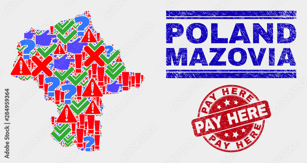 Symbolic Mosaic Mazovia Province map and stamps. Red rounded Pay Here grunge seal stamp. Colored Mazovia Province map mosaic of different scattered symbols. Vector abstract collage.