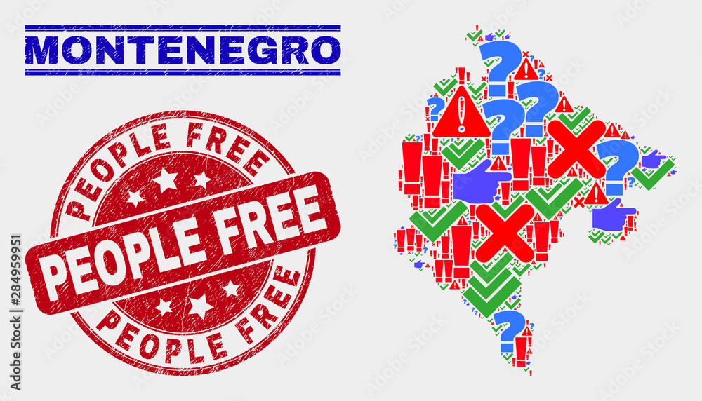 Symbolic Mosaic Montenegro map and seal stamps. Red rounded People Free textured seal stamp. Colored Montenegro map mosaic of different random symbols. Vector abstract combination. Symbolic Mosaic Montenegro map and seal stamps. Red rounded People Free textured seal stamp. Colored Montenegro map mosaic of different random symbols. Vector abstract combination.