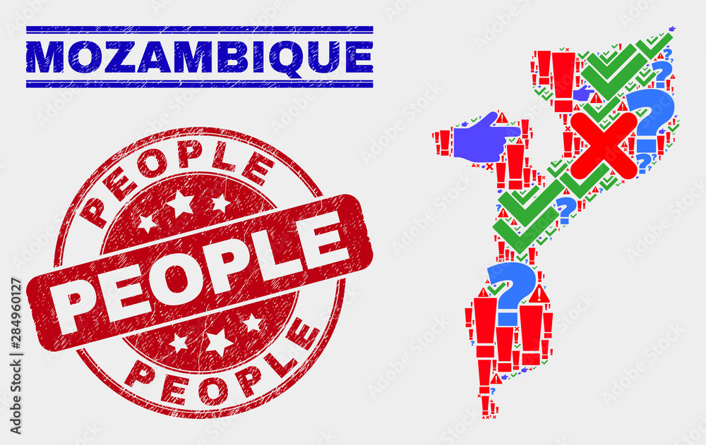 Symbolic Mosaic Mozambique map and seal stamps. Red round People distress seal stamp. Bright Mozambique map mosaic of different random icons. Vector abstract composition. Symbolic Mosaic Mozambique map and seal stamps. Red round People distress seal stamp. Bright Mozambique map mosaic of different random icons. Vector abstract composition.