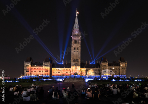 Light show on Canadian Parliament building at Parliament Hill in Ottawa, Canada