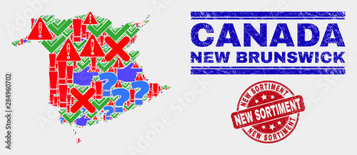 Sign Mosaic New Brunswick Province map and stamps. Red round New Sortiment grunge stamp. Colorful New Brunswick Province map mosaic of different randomized icons. Vector abstract composition.
