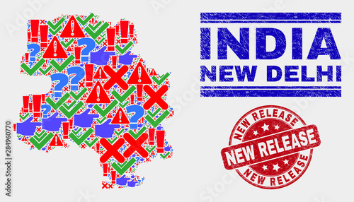 Symbol Mosaic New Delhi City map and seal stamps. Red round New Release grunge seal stamp. Colored New Delhi City map mosaic of different randomized elements. Vector abstract composition.