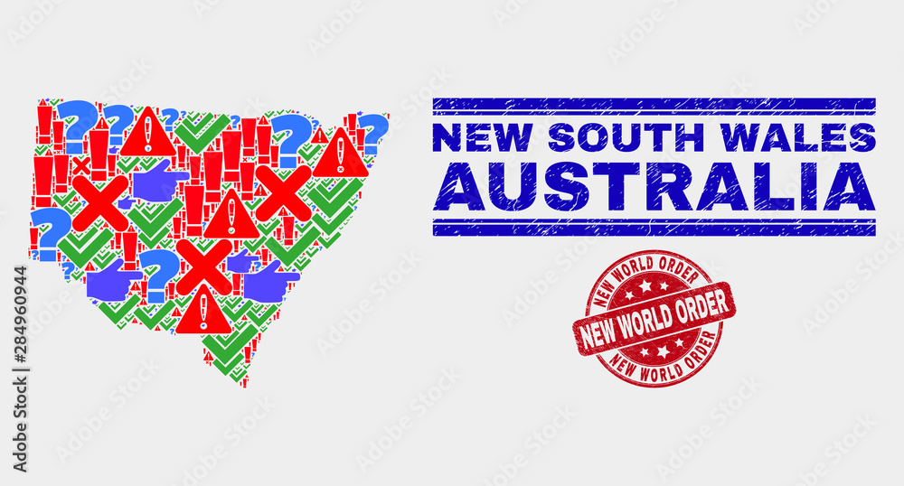 Symbolic Mosaic New South Wales map and seal stamps. Red rounded New World Order grunge seal. Bright New South Wales map mosaic of different random items. Vector abstract composition.
