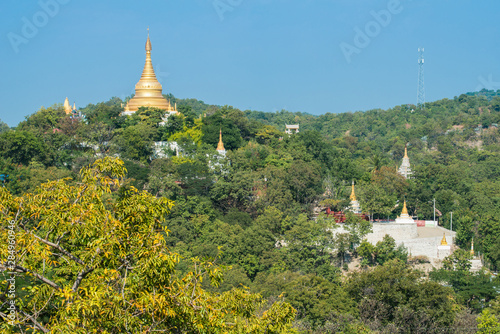 Group of Buddhist pagoda on Sagaing hill the holy mountains in Sagaing division of Myanmar. 