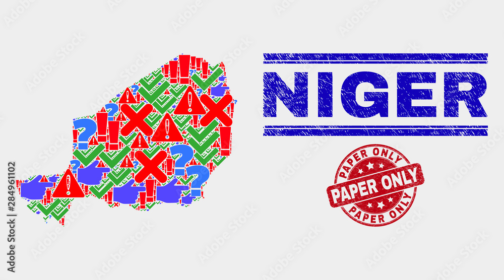 Fototapeta premium Symbol Mosaic Niger map and seal stamps. Red round Paper Only distress seal. Colored Niger map mosaic of different scattered elements. Vector abstract composition.