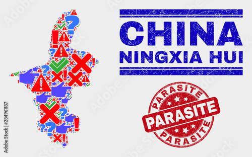 Symbolic Mosaic Ningxia Hui Region map and seal stamps. Red rounded Parasite distress seal stamp. Colorful Ningxia Hui Region map mosaic of different scattered icons. Vector abstract collage.