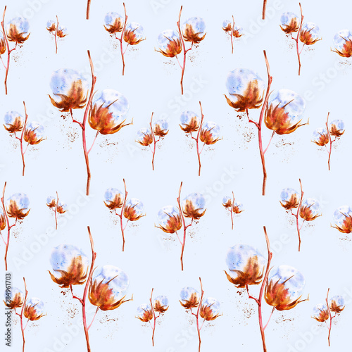 Watercolor illustration of the branches of the cotton with fluffy flowers. Isolated on blue background.Seamless pattern