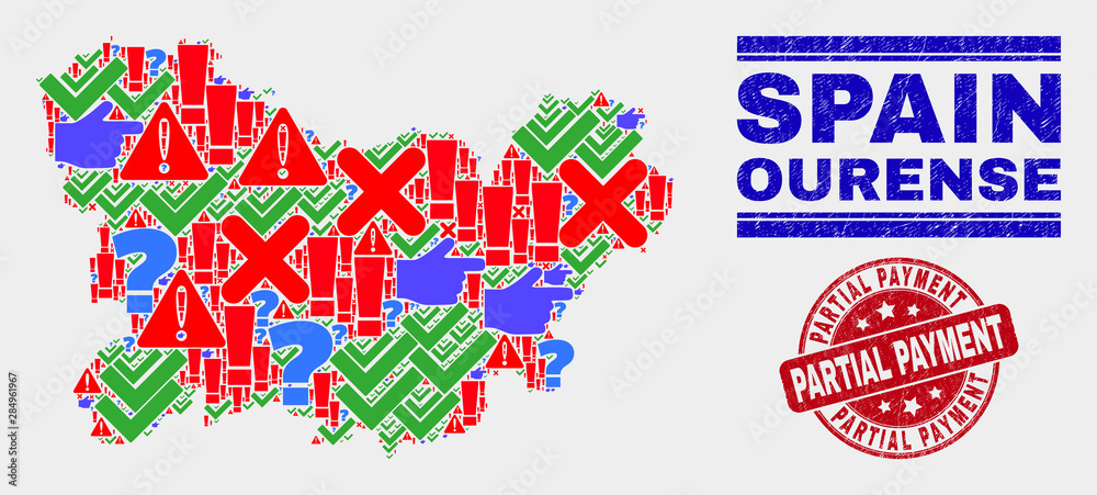 Symbolic Mosaic Ourense Province map and seals. Red round Partial Payment textured seal stamp. Colored Ourense Province map mosaic of different scattered symbols. Vector abstract combination.