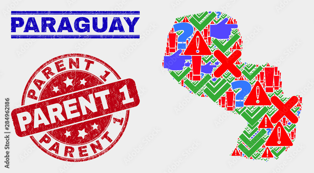 Symbol Mosaic Paraguay map and seal stamps. Red round Parent 1 grunge seal stamp. Bright Paraguay map mosaic of different random icons. Vector abstract composition. Symbol Mosaic Paraguay map and seal stamps. Red round Parent 1 grunge seal stamp. Bright Paraguay map mosaic of different random icons. Vector abstract composition.