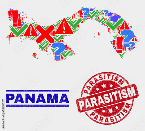Symbol Mosaic Panama map and watermarks. Red round Parasitism scratched stamp. Bright Panama map mosaic of different random symbols. Vector abstract collage.