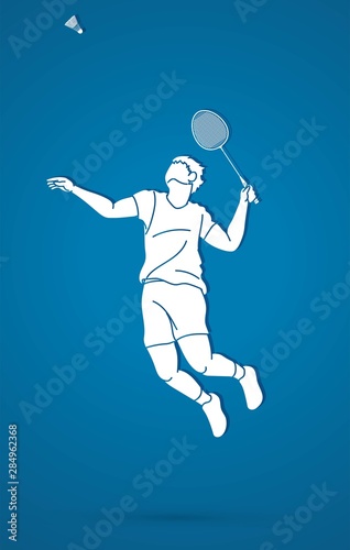 Badminton player action cartoon graphic vector.