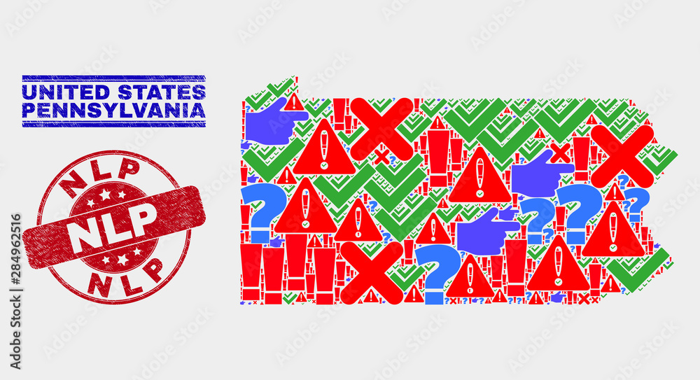Symbolic Mosaic Pennsylvania State map and seal stamps. Red rounded Nlp textured seal. Colorful Pennsylvania State map mosaic of different scattered elements. Vector abstract combination.