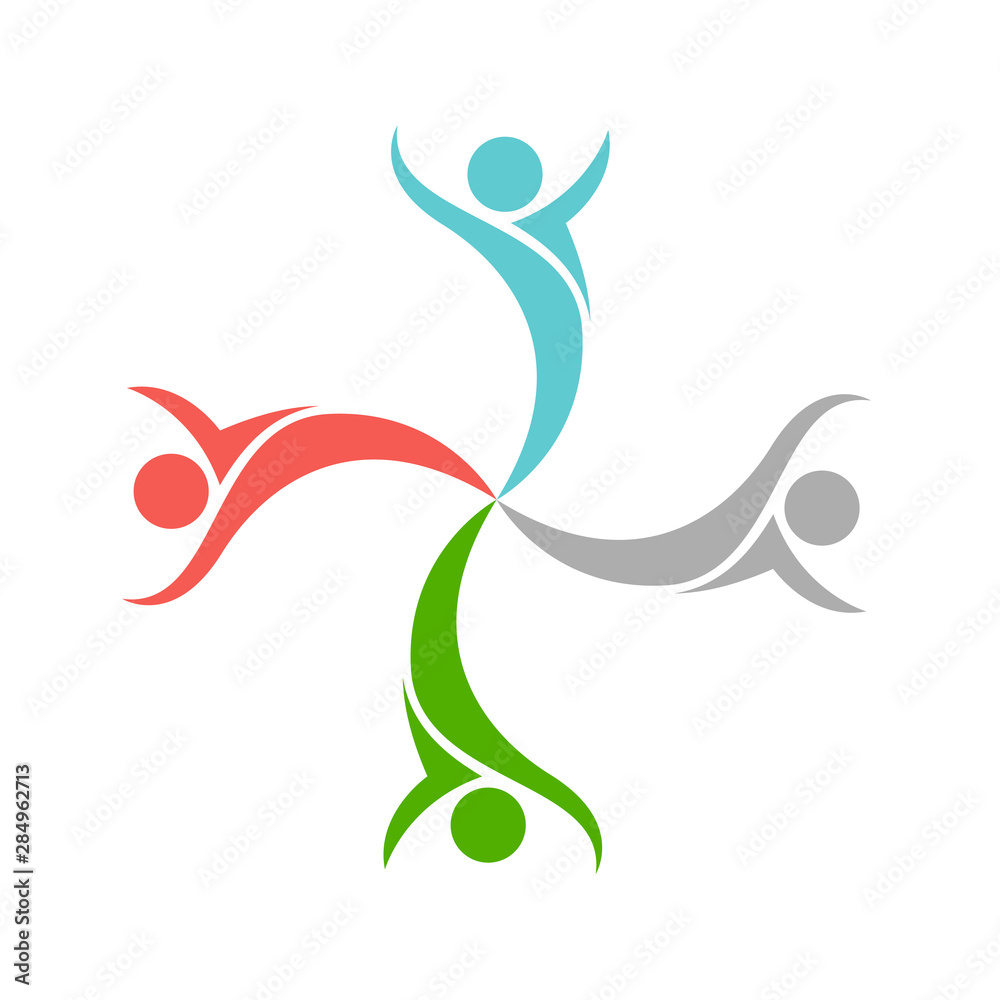 Obraz premium Teamwork icon,Group four people logo handshake in a circle vector illustrations