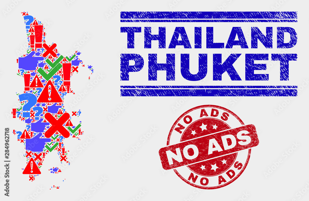 Sign Mosaic Phuket map and seal stamps. Red rounded No Ads distress seal stamp. Colorful Phuket map mosaic of different scattered elements. Vector abstract composition. Sign Mosaic Phuket map and seal stamps. Red rounded No Ads distress seal stamp. Colorful Phuket map mosaic of different scattered elements. Vector abstract composition.