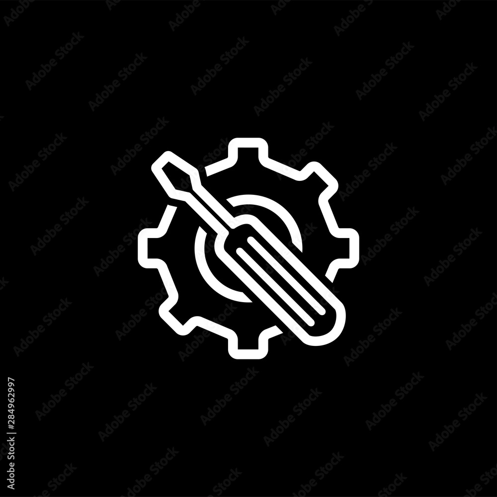 Service Tools Line Icon On Black Background. Gear Wheel & Hammer Black Flat Style Illustration.
