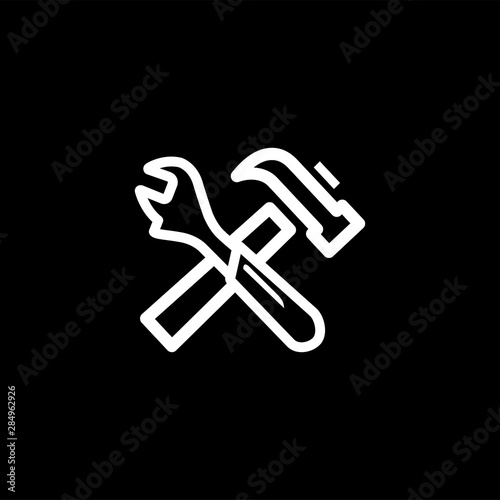 Hammer And Wrench Line Icon On Black Background. Black Flat Style Vector Illustration.