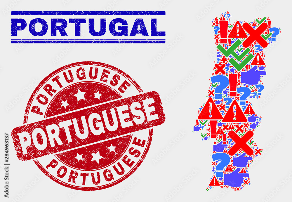 Sign Mosaic Portugal map and seal stamps. Red round Portuguese scratched seal stamp. Colored Portugal map mosaic of different scattered symbols. Vector abstract composition. Sign Mosaic Portugal map and seal stamps. Red round Portuguese scratched seal stamp. Colored Portugal map mosaic of different scattered symbols. Vector abstract composition.