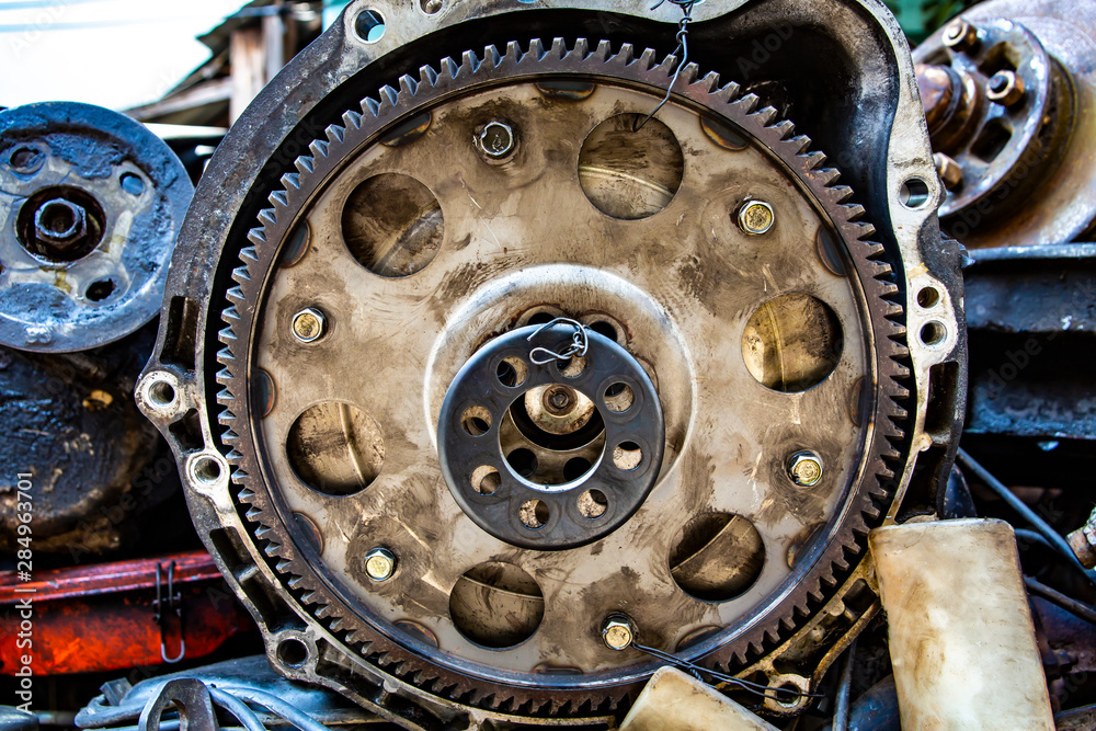 Used engine car parts, Rusty metal texture background, Close up & Macro shot, Selective focus Used engine car parts, Rusty metal texture background, Close up & Macro shot, Selective focus