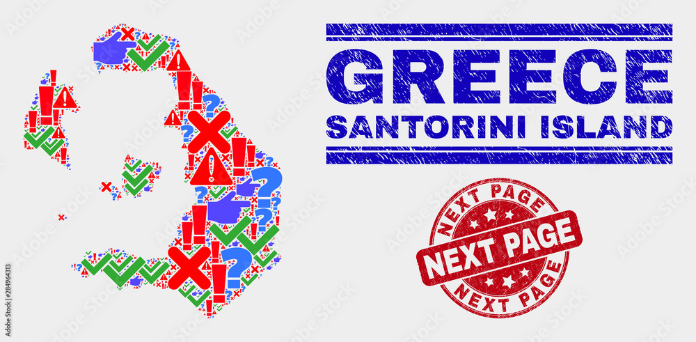 Sign Mosaic Santorini Island map and seal stamps. Red rounded Next Page textured stamp. Colorful Santorini Island map mosaic of different randomized symbols. Vector abstract combination. Sign Mosaic Santorini Island map and seal stamps. Red rounded Next Page textured stamp. Colorful Santorini Island map mosaic of different randomized symbols. Vector abstract combination.