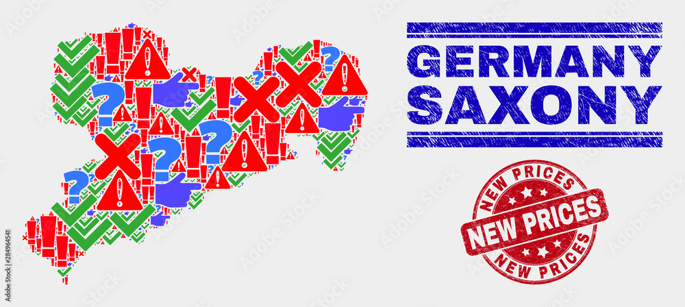 Symbol Mosaic Saxony Land map and seals. Red round New Prices grunge stamp. Colored Saxony Land map mosaic of different random symbols. Vector abstract collage.