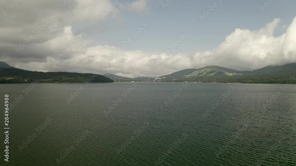 Drone Aerial over Lake Yamanaka and Mount Fuji, Japan, Asia Drone Aerial over Lake Yamanaka and Mount Fuji, Japan, Asia