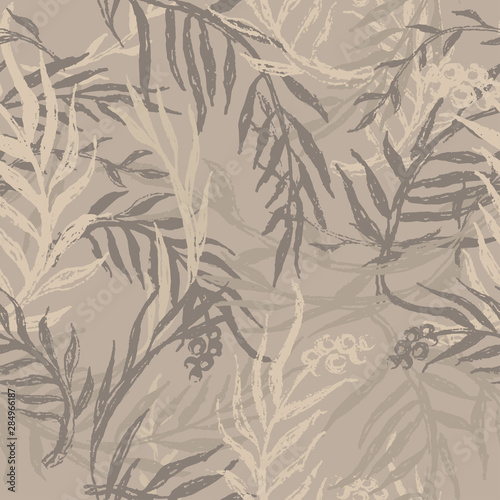 Camouflage with leafs and twigs, seamless hand drawn pattern. Tropical camo texture with botanical motif. Grunge brush painted floral background. Vector wallpaper