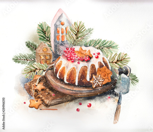 Christmas watercolor still life with sweets, cake, gingerbread house and other elements