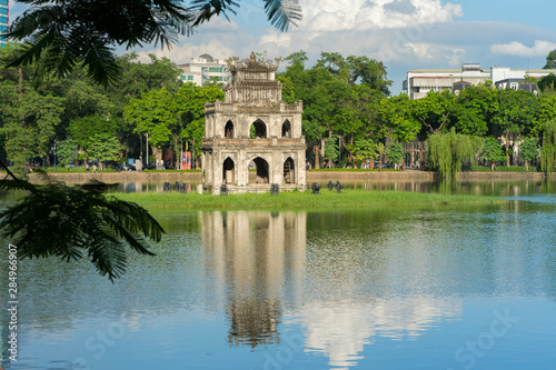 Turtle Tower (Thap Rua) in Hoan Kiem lake (Sword lake, Ho Guom) in Hanoi, Vietnam.