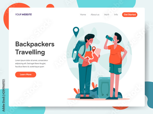 Landing page template of Travelling Backpackers Illustration Concept. Modern design concept of web page design for website and mobile website.Vector illustration EPS 10