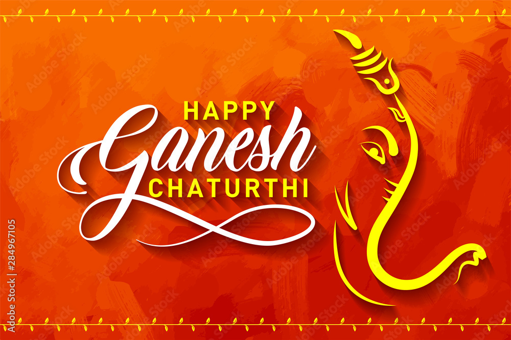 Happy Ganesh Chaturthi. Indian Festival of lord Ganapati Banner, Logo  design, Sticker, Concept, Greeting Card, Template, Icon, Poster, Unit,  Label, Web, Mnemonic on Orange paint brush stoke Background Stock Vector |  Adobe