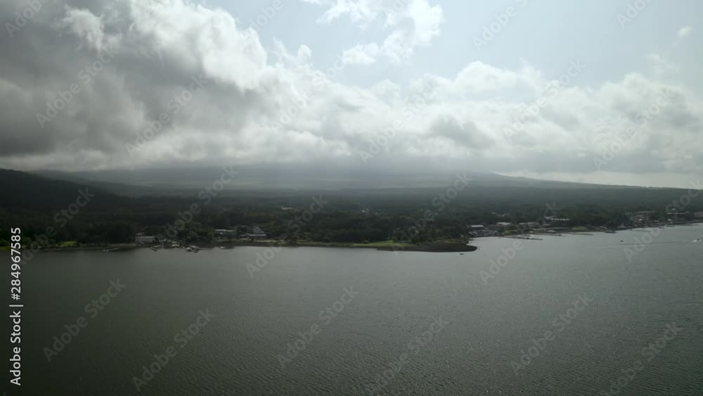 Drone Aerial over Lake Yamanaka and Mount Fuji, Japan, Asia Drone Aerial over Lake Yamanaka and Mount Fuji, Japan, Asia