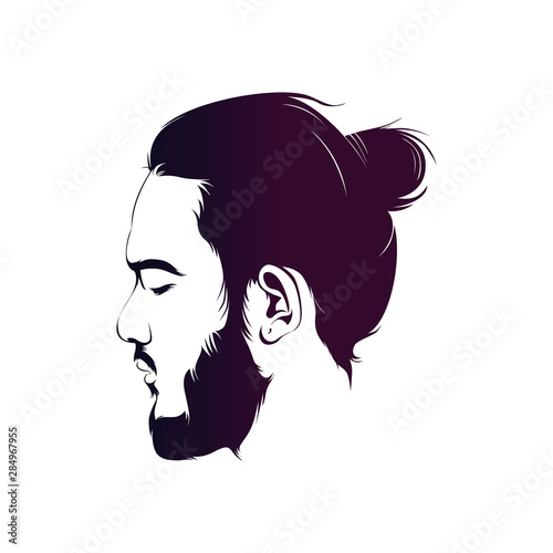 young bearded man face illustration.   illustration of a long-haired pigtailed man