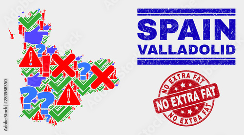 Symbolic Mosaic Valladolid Province map and seal stamps. Red round No Extra Fat textured seal stamp. Colored Valladolid Province map mosaic of different randomized items. Vector abstract combination.