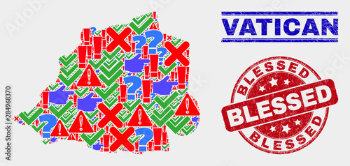 Sign Mosaic Vatican map and seal stamps. Red rounded Blessed distress seal stamp. Bright Vatican map mosaic of different scattered icons. Vector abstract composition.