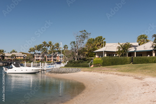 Residential area with personal moorings for boats on the Gold Coast, Queensland, Australia.