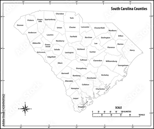 South Carolina state outline administrative and political map in black and white
