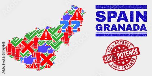 Symbol Mosaic Granada Province map and seal stamps. Red rounded 100% Potence grunge seal stamp. Colored Granada Province map mosaic of different scattered elements. Vector abstract combination.