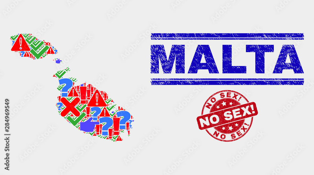 Symbolic Mosaic Malta map and seal stamps. Red round No Sex! scratched seal. Colorful Malta map mosaic of different random elements. Vector abstract combination. Symbolic Mosaic Malta map and seal stamps. Red round No Sex! scratched seal. Colorful Malta map mosaic of different random elements. Vector abstract combination.