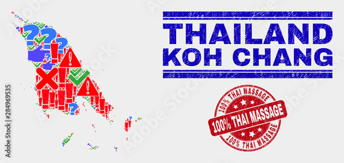 Sign Mosaic Koh Chang map and seal stamps. Red rounded 100% Thai Massage scratched seal. Colored Koh Chang map mosaic of different scattered icons. Vector abstract combination.