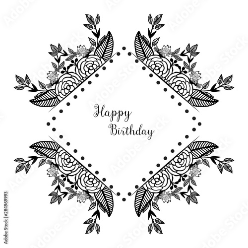 Floral patterns, design cute wreath with vintage frame, greeting card, invitation card happy birthday. Vector