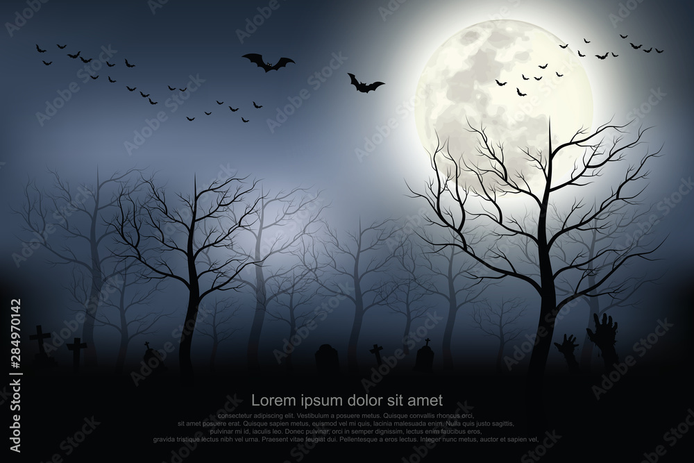 Halloween background. Spooky forest with full moon and grave.