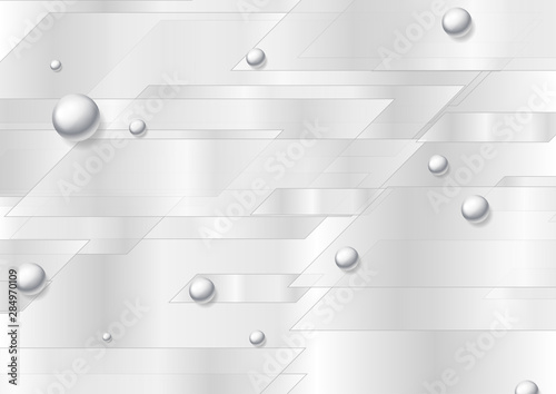 Technology graphic design with grey shapes and pearl beads. Geometric silver glossy 3d spheres. Abstract corporate vector background