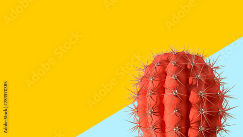 Cactus on Geometric Background. Minimal Fashion Concept. Surreal Creative Design. Summer Mood. Pop Art Style. Vivid Acid Color. 3D Illustration.