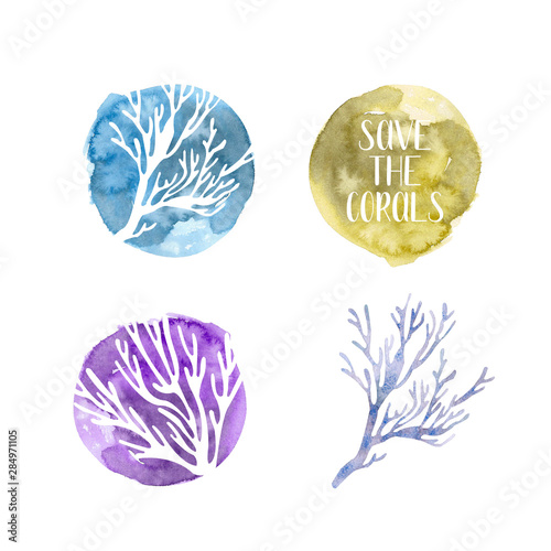 Fototapeta Naklejka Na Ścianę i Meble -  Set with glowing coral sea reef on watercolor stains, isolated on white. Pantone trend colors of climate change. Hand drawn illustration. Perfect for wrapping paper, printable, textile, sticker