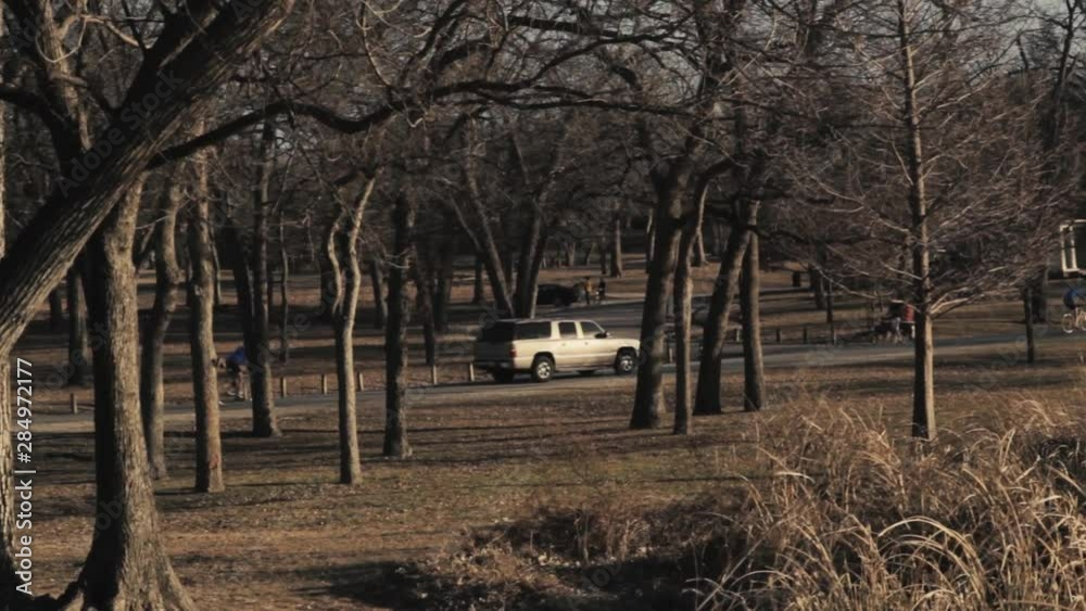 Winter time at the lakeside park with cyclist, joggers and vehicles passing through. Winter time at the lakeside park with cyclist, joggers and vehicles passing through.