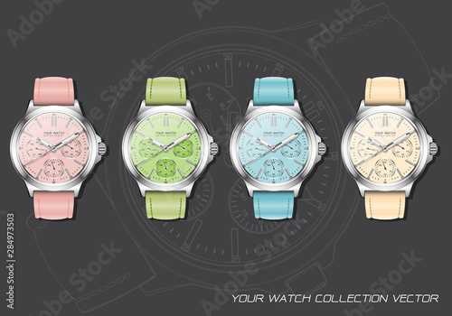Realistic clock watch chronograph pastel collection on dark grey design luxury vector illustration.