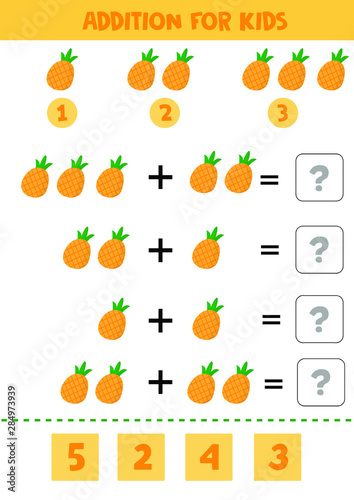 Educational math children game. Addition with pineapples for kids.