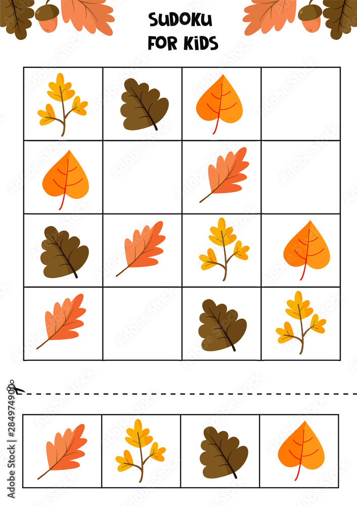 Educational game for children. Sudoku for kids. Autumn worksheet. Set of cute autumn leaves.