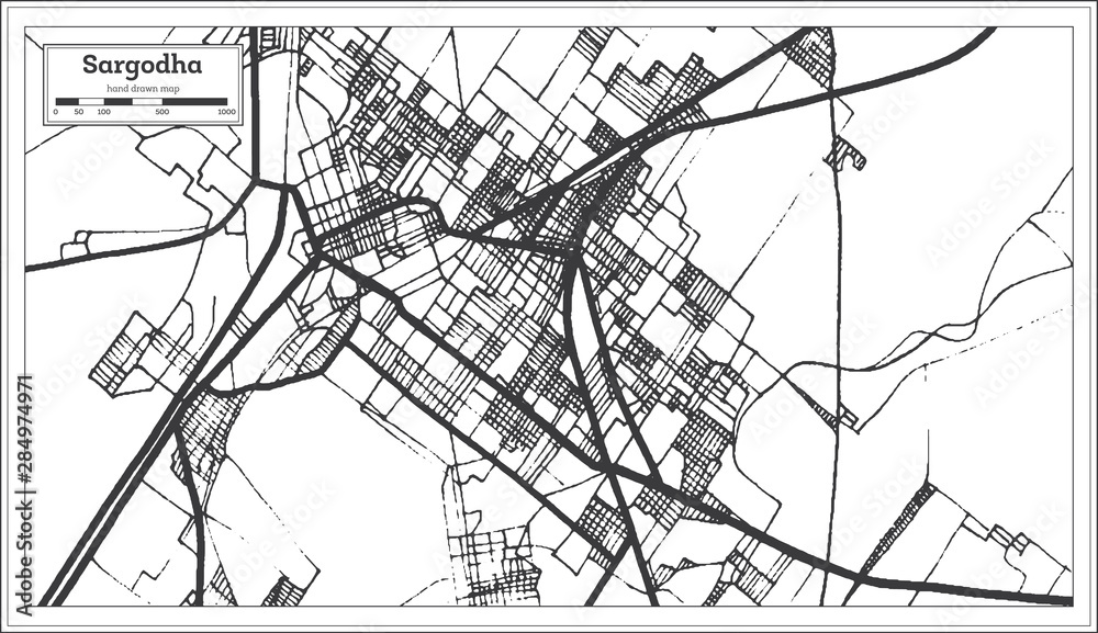 Sargodha Pakistan City Map in Retro Style in Black and White Color. Outline Map.