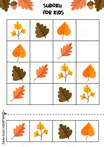 Educational game for children. Sudoku for kids. Autumn worksheet. Set of cute autumn leaves.